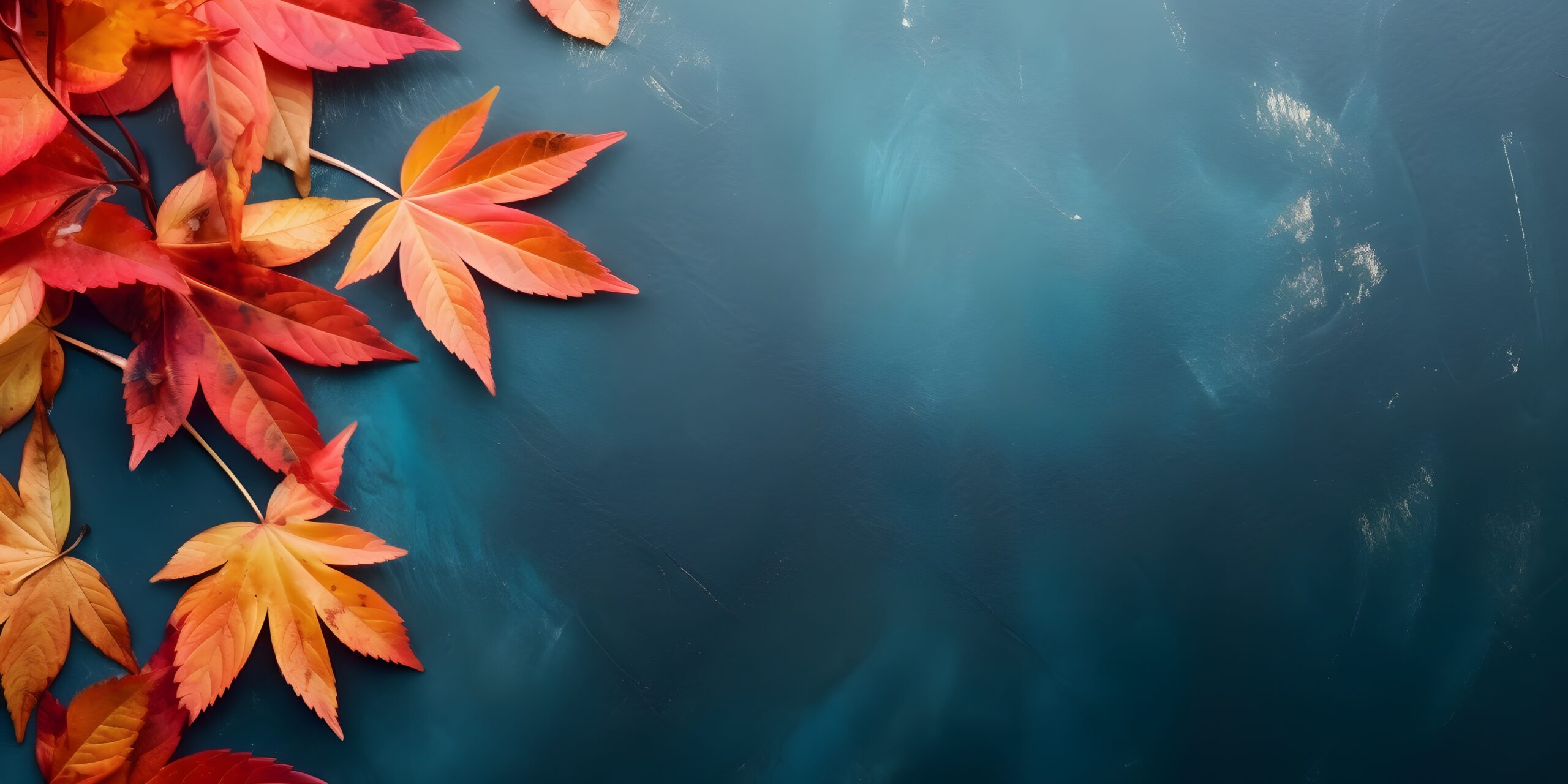 Autumn background with colored red leaves on blue slate background. Top view, copy space, AI Generated
