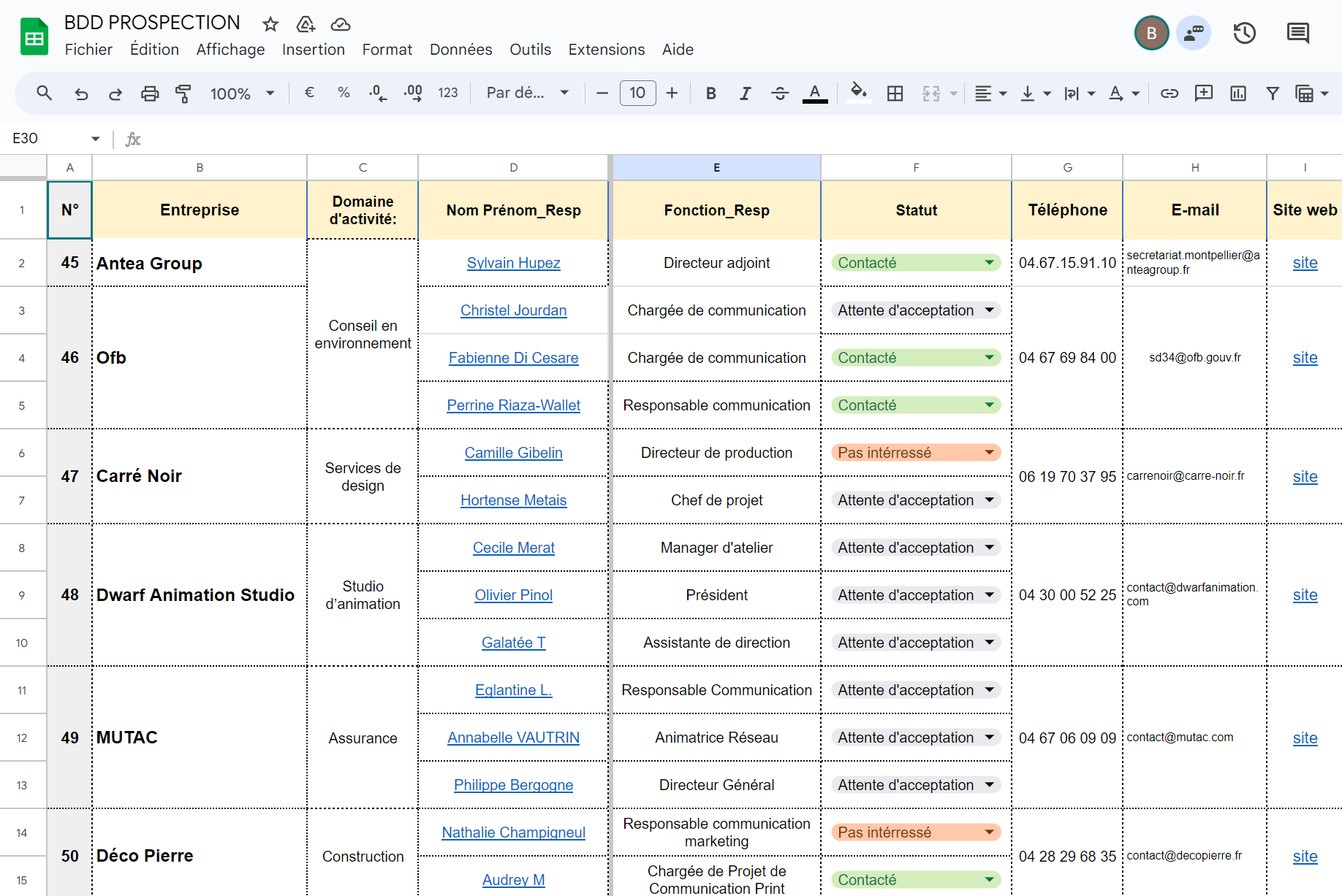 Création et gestion Exel prospection