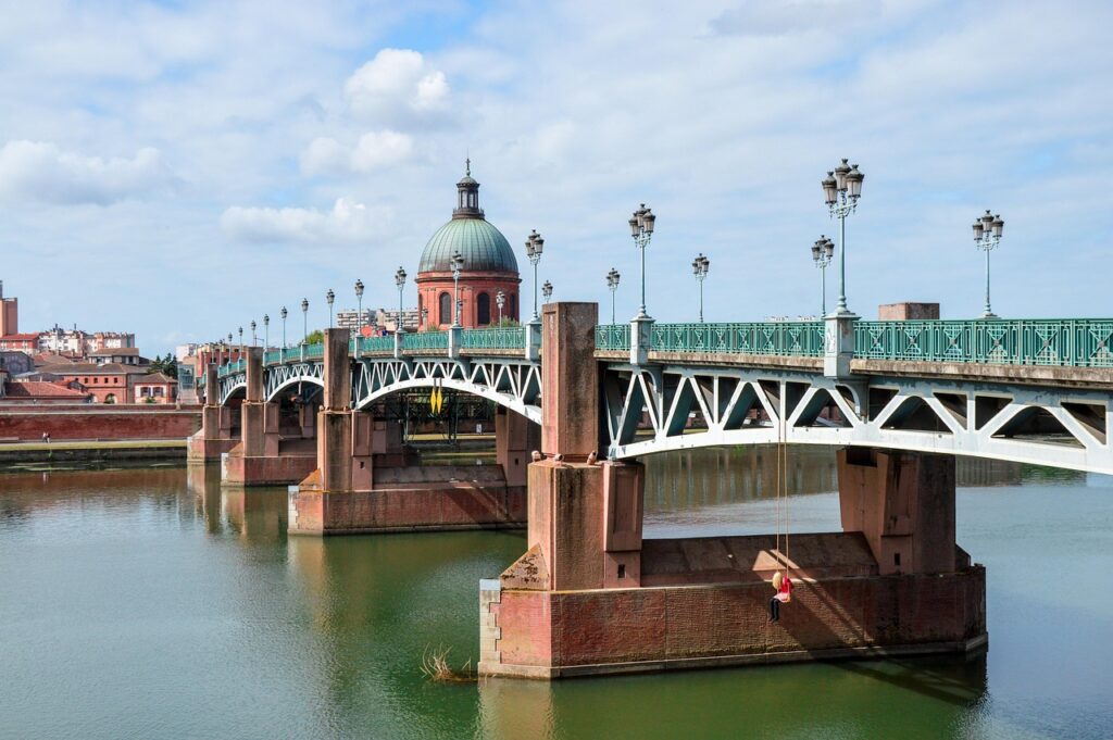 bridge, toulouse, france, architecture, nature, heritage, travel, pink, city, sky, tourism, colorful
